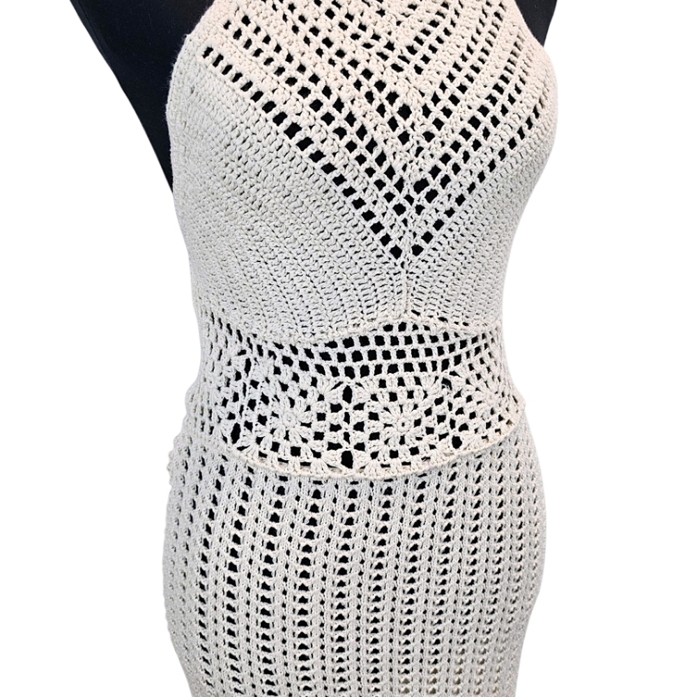 Forever 21 Ivory Crochet Knit Midi Dress Small Boho Chic Resort Beach Cover Up - Picture 8 of 12